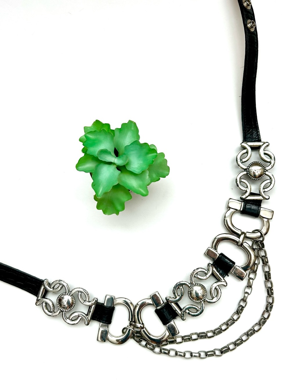 Vintage Street Ahead Chunky Equestrian Silver Chain Leather Statement Belt S